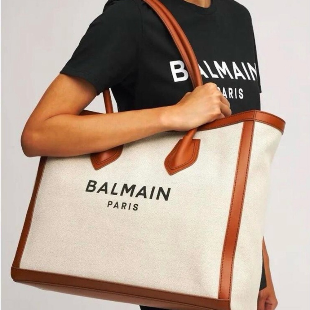Balmain B Army Logo Beige Canvas Tote with Brown Leather Trim